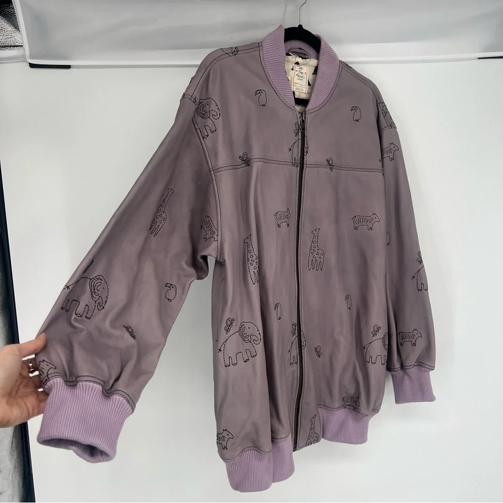 Free People Purple Oversized Leather Animal Print Embroidered Bomber Jacket S - Picture 3 of 10